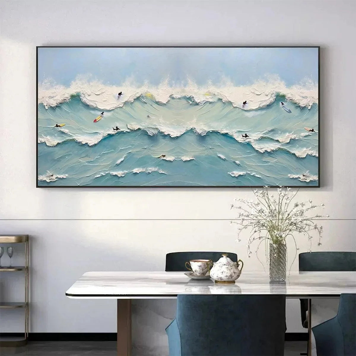 OCEAN'S HEARTBEAT: Panoramic Ocean Wave Painting with Surfers for Living Room | rolled canvas, ready for custom framing