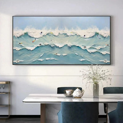 OCEAN'S HEARTBEAT: Panoramic Ocean Wave Painting with Surfers for Living Room | rolled canvas, ready for custom framing