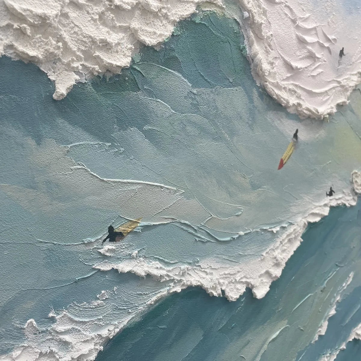OCEAN'S HEARTBEAT: Panoramic Ocean Wave Painting with Surfers for Living Room | black frame version on white wall
