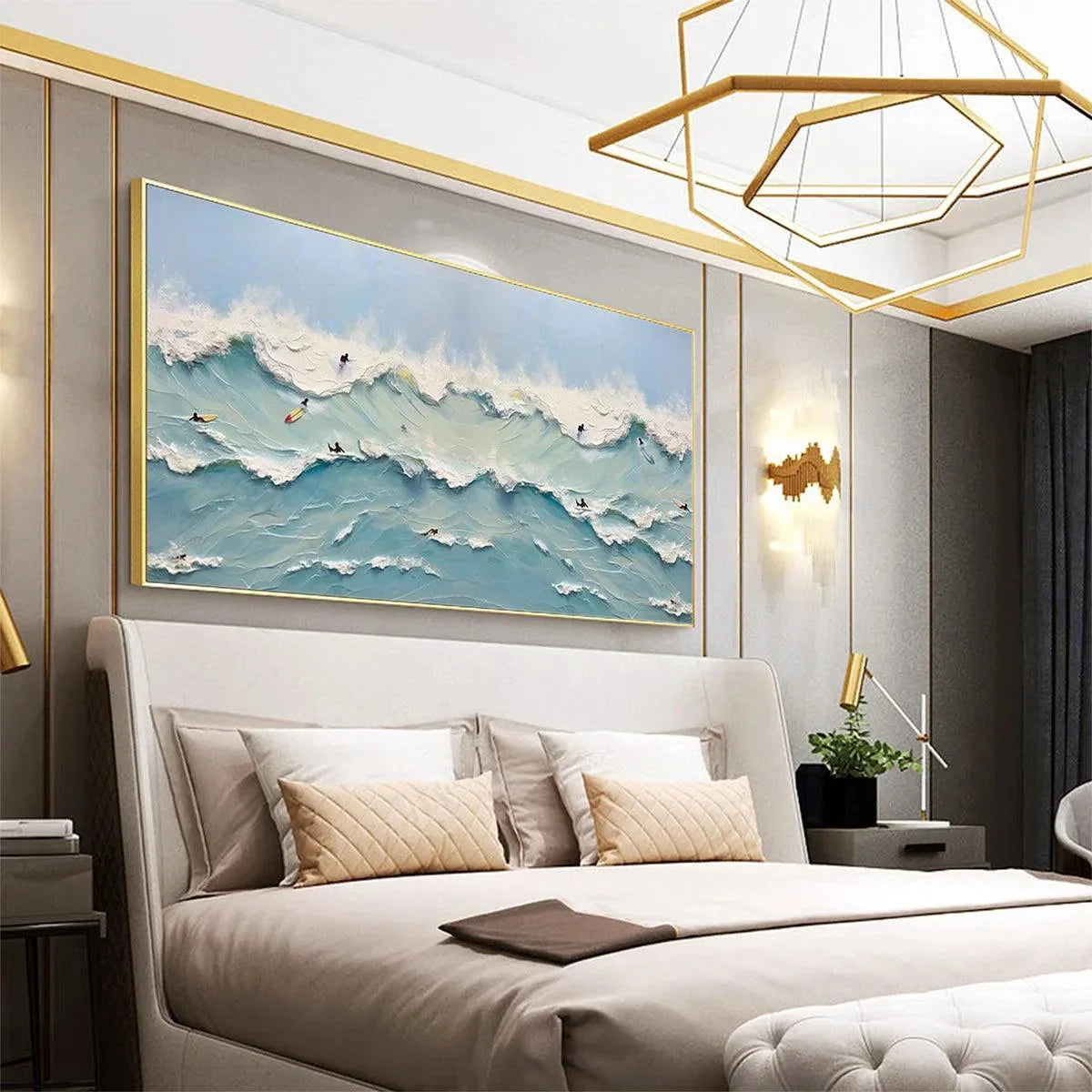 OCEAN'S HEARTBEAT: Panoramic Ocean Wave Painting with Surfers for Living Room | Abstract mood, soft natural light studio shot