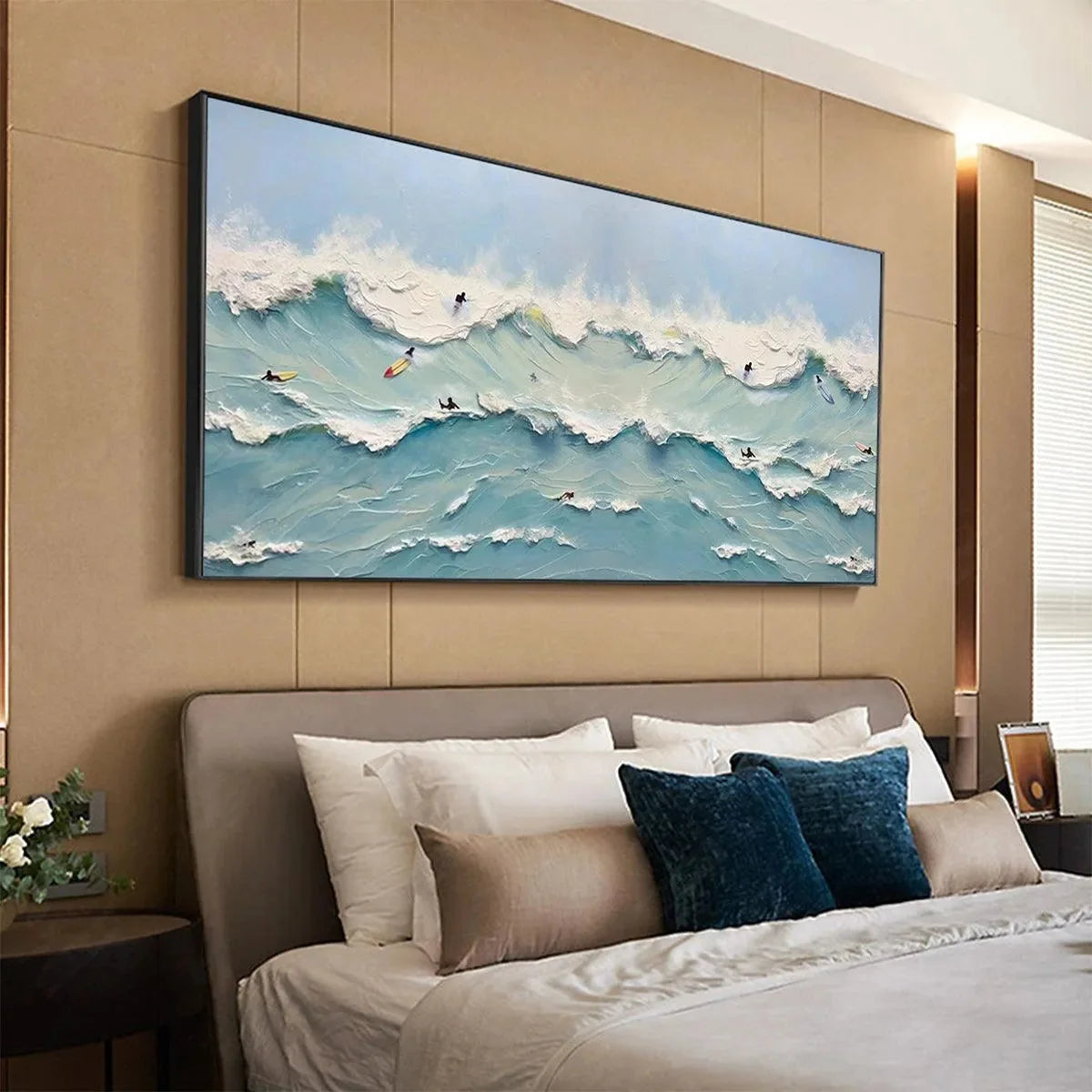 OCEAN'S HEARTBEAT: Panoramic Ocean Wave Painting with Surfers for Living Room | multi-color palette, original oil on stretched canvas art