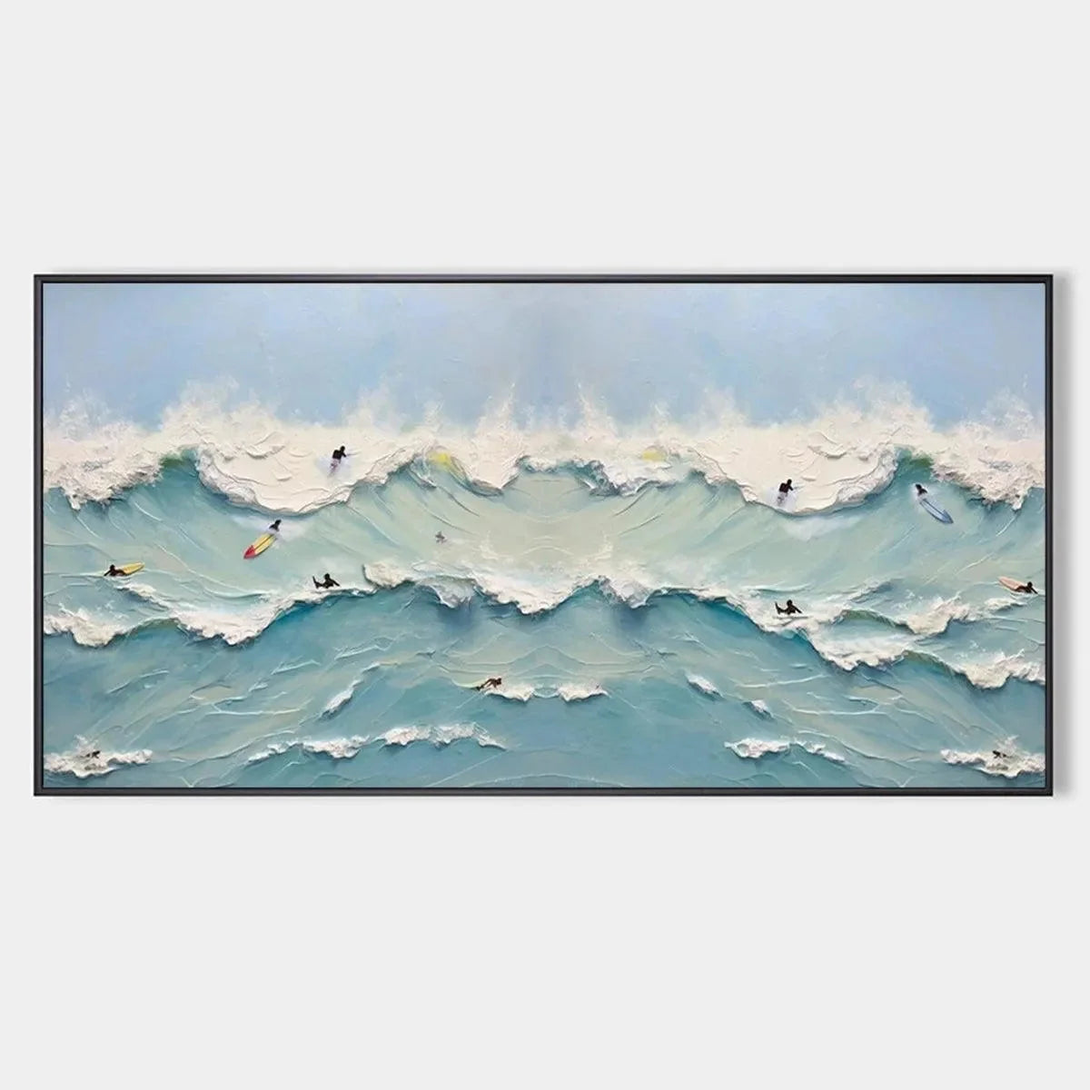 OCEAN'S HEARTBEAT: Panoramic Ocean Wave Painting with Surfers for Living Room | hanging in living room, Abstract wall art