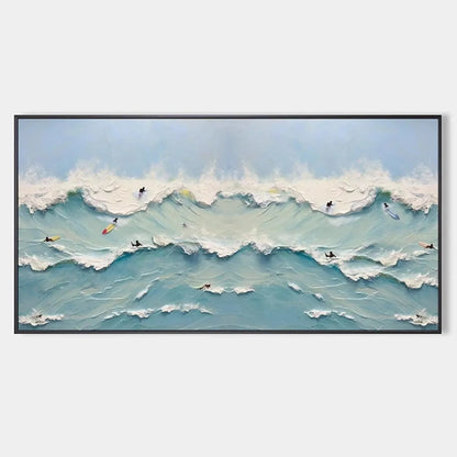 OCEAN'S HEARTBEAT: Panoramic Ocean Wave Painting with Surfers for Living Room | hanging in living room, Abstract wall art