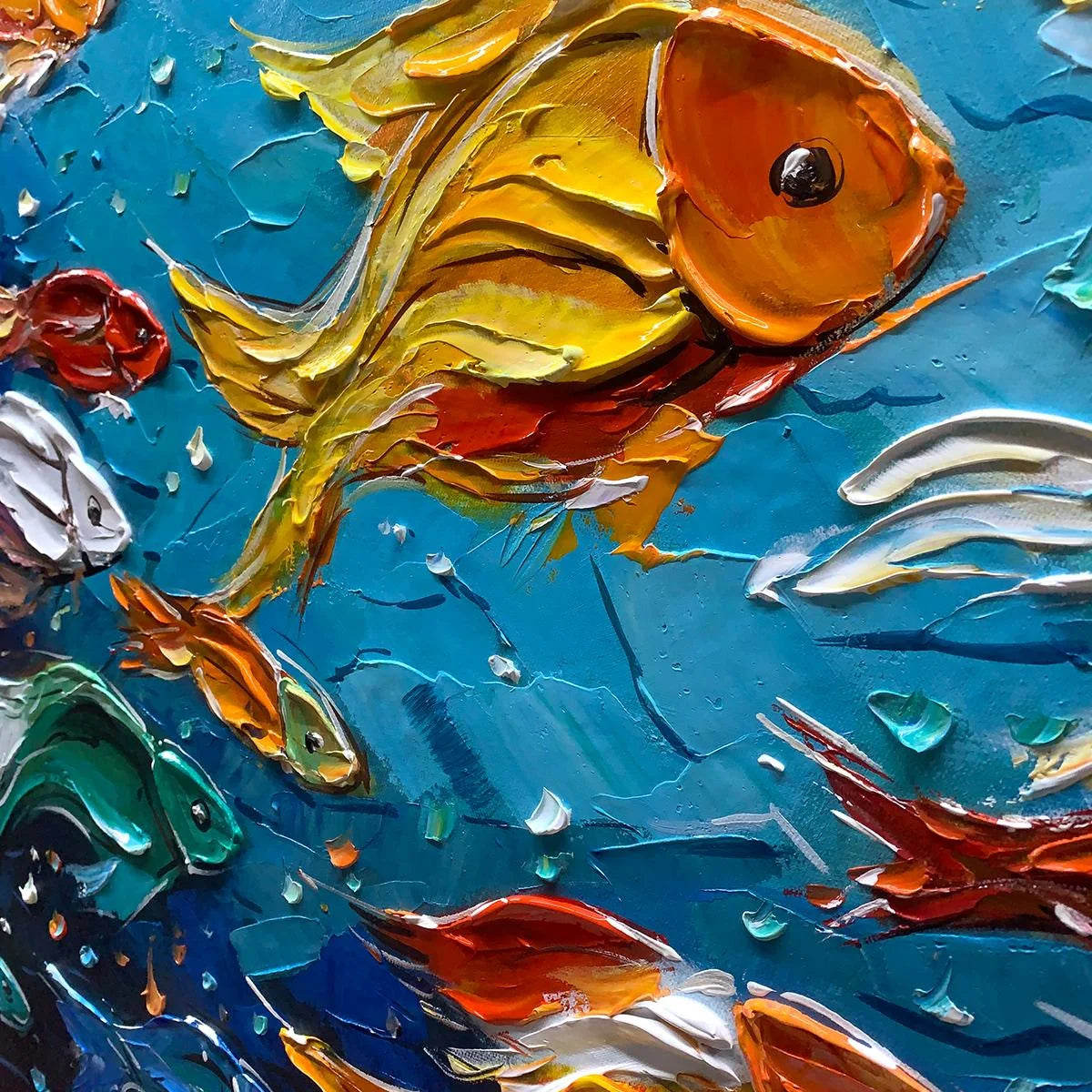 OCEAN'S JEWELS: Textured Impasto Colorful Fish Oil Painting | rectangular format, hand-painted canvas edge