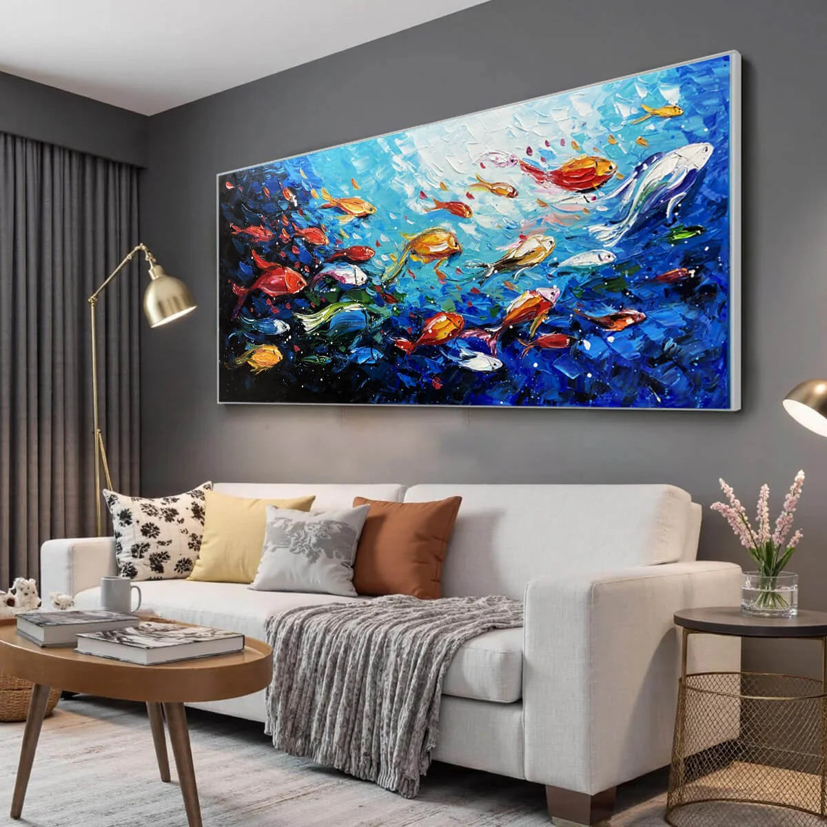 OCEAN'S JEWELS: Textured Impasto Colorful Fish Oil Painting | gold frame stretched on neutral wall