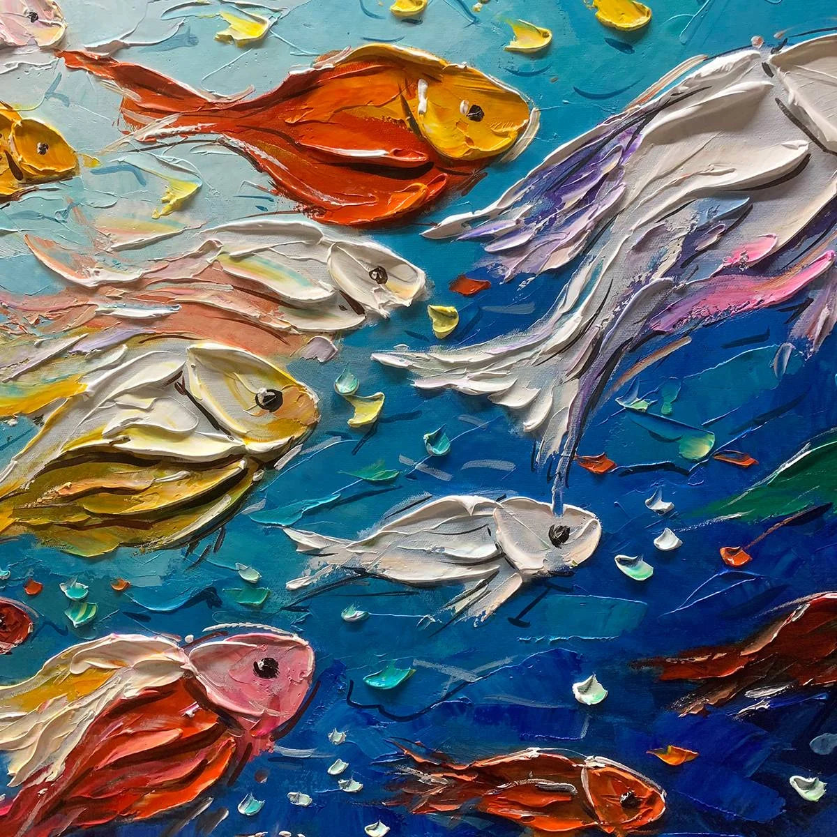 OCEAN'S JEWELS: Textured Impasto Colorful Fish Oil Painting | black frame version on white wall
