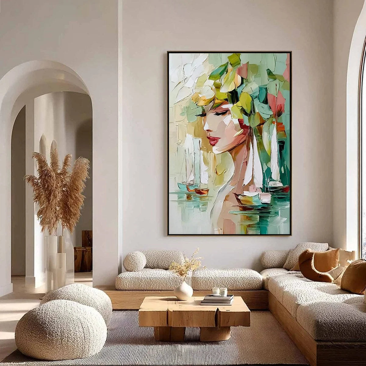 OCEAN'S MUSE: Textured Palette Knife Portrait Painting with Seascape | gold frame stretched on neutral wall