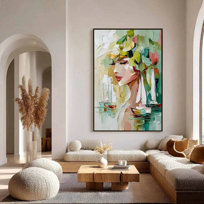 OCEAN'S MUSE: Textured Palette Knife Portrait Painting with Seascape | gold frame stretched on neutral wall