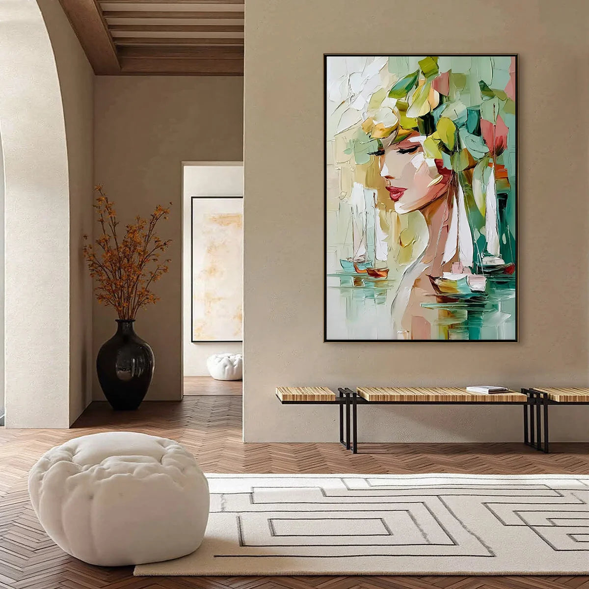 OCEAN'S MUSE: Textured Palette Knife Portrait Painting with Seascape | black frame version on white wall