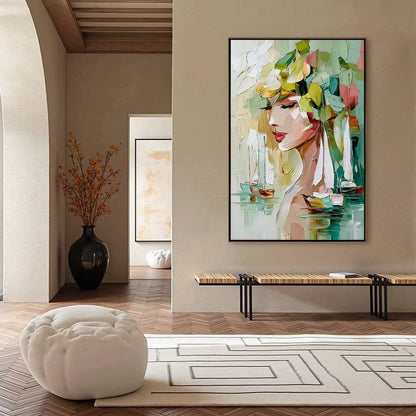 OCEAN'S MUSE: Textured Palette Knife Portrait Painting with Seascape | black frame version on white wall