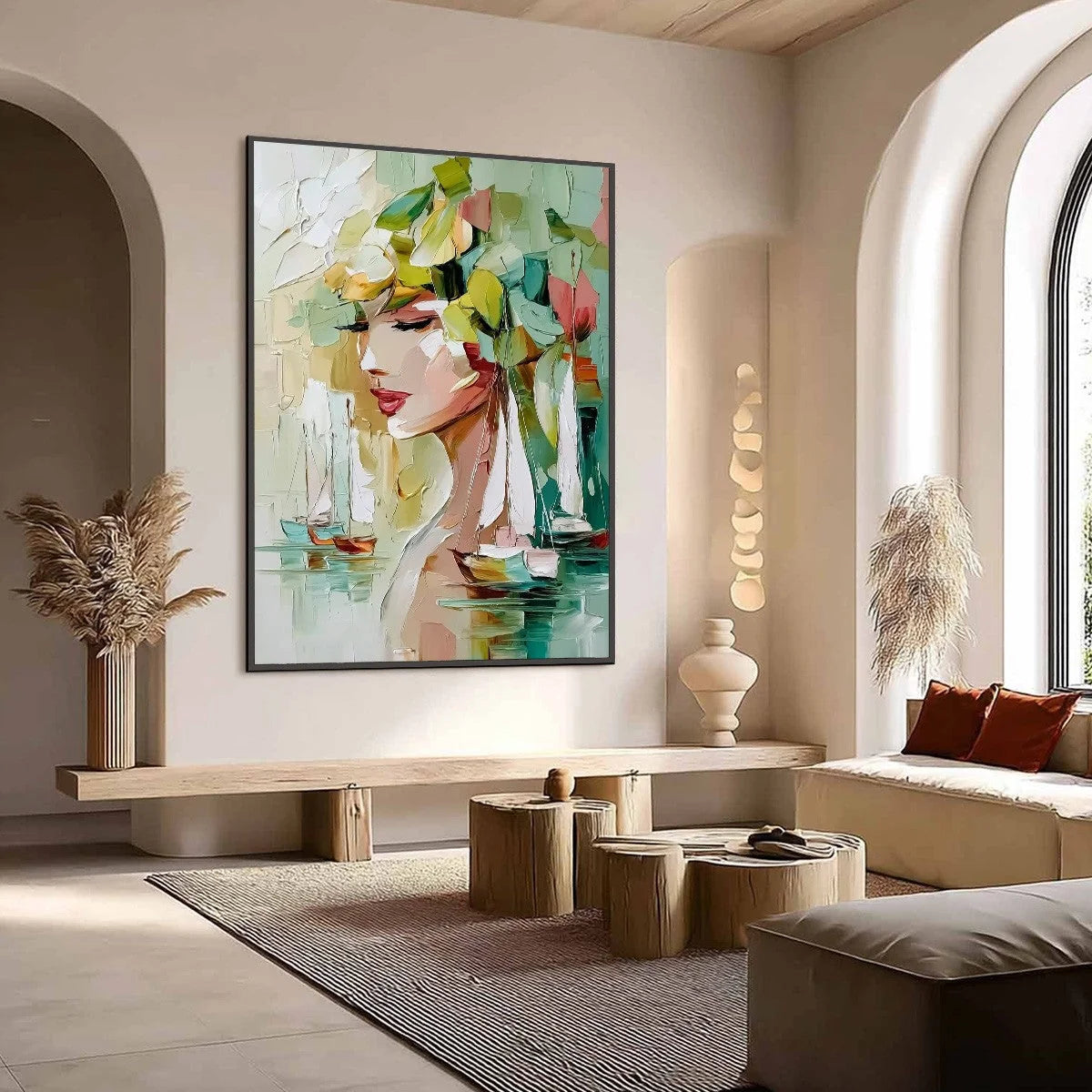 OCEAN'S MUSE: Textured Palette Knife Portrait Painting with Seascape | Abstract mood, soft natural light studio shot