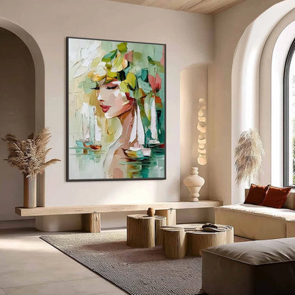 OCEAN'S MUSE: Textured Palette Knife Portrait Painting with Seascape | Abstract mood, soft natural light studio shot