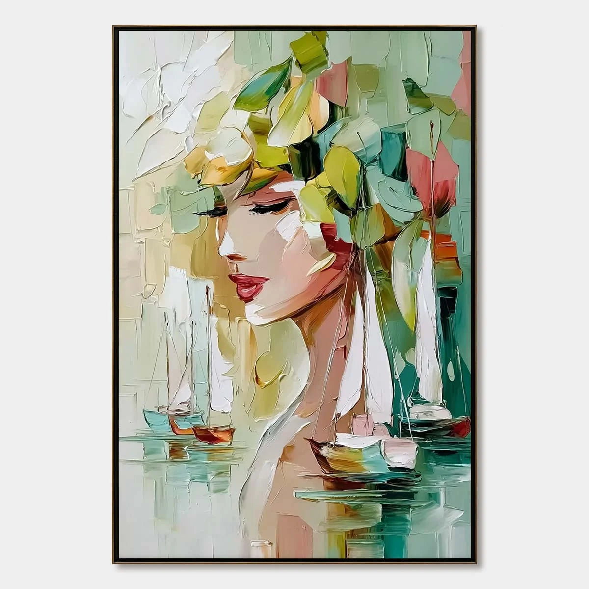 OCEAN'S MUSE: Textured Palette Knife Portrait Painting with Seascape | hanging in living room, Abstract wall art