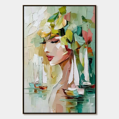 OCEAN'S MUSE: Textured Palette Knife Portrait Painting with Seascape | hanging in living room, Abstract wall art
