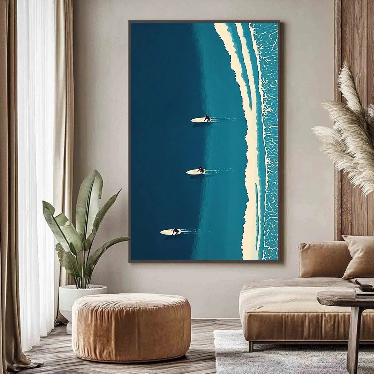 OCEAN'S THREE: Minimalist Aerial Surfing Scene Oil Painting | Minimalist closeup, raised brushwork detail