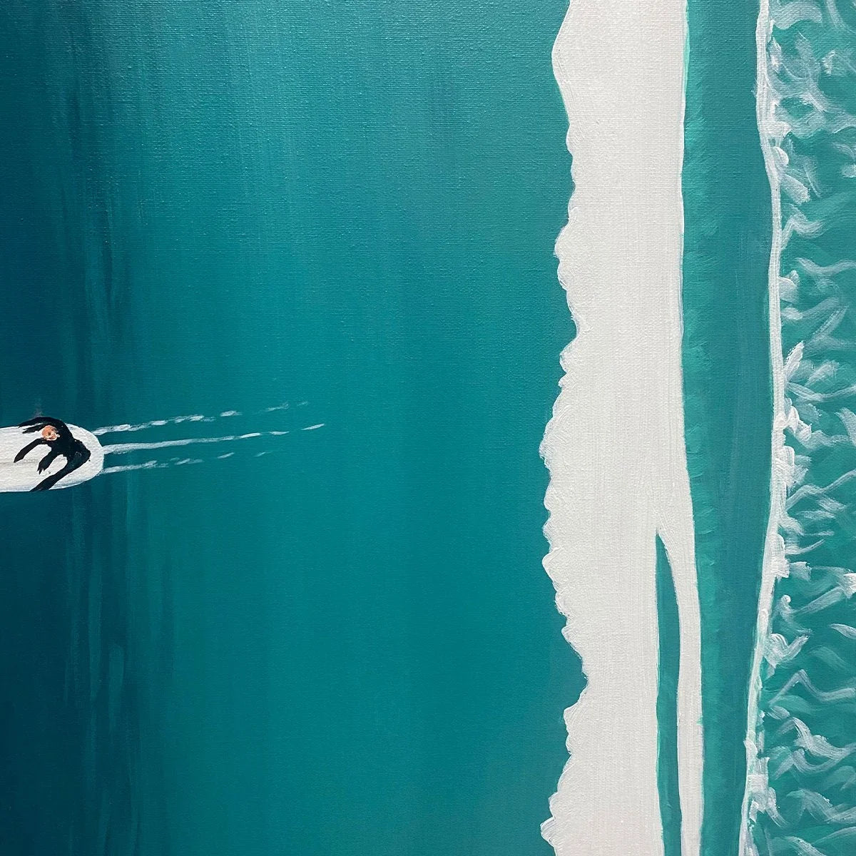 OCEAN'S THREE: Minimalist Aerial Surfing Scene Oil Painting | rectangular format, hand-painted canvas edge