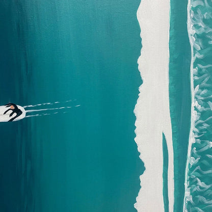 OCEAN'S THREE: Minimalist Aerial Surfing Scene Oil Painting | rectangular format, hand-painted canvas edge