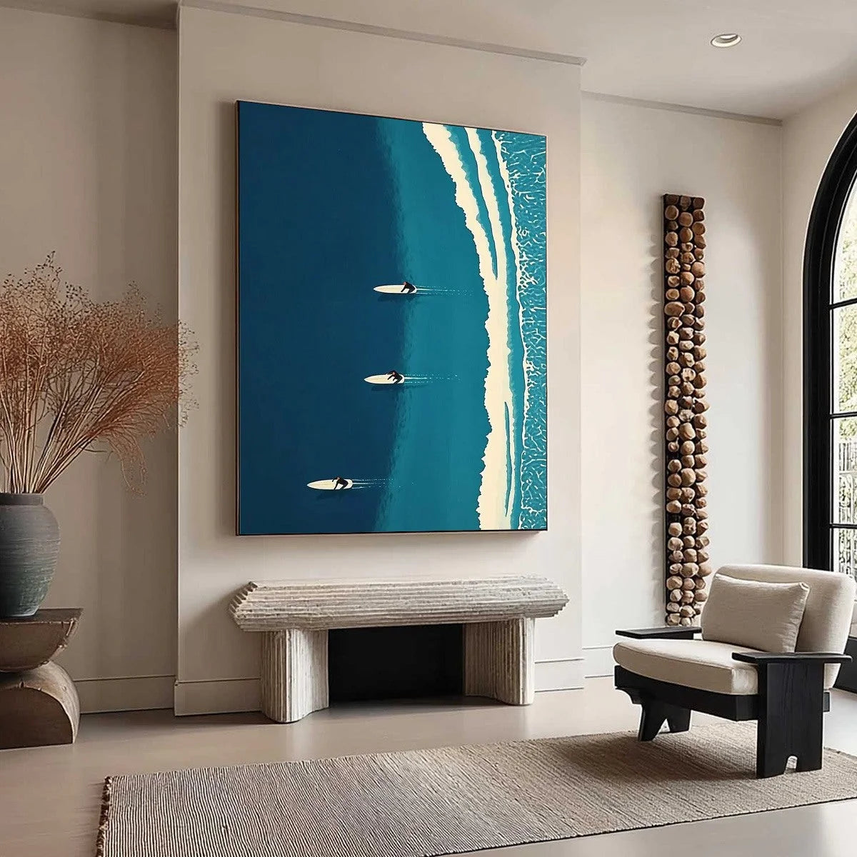 OCEAN'S THREE: Minimalist Aerial Surfing Scene Oil Painting | gold frame stretched on neutral wall