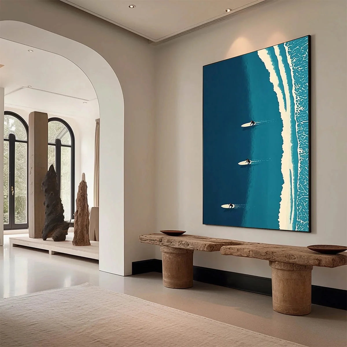 OCEAN'S THREE: Minimalist Aerial Surfing Scene Oil Painting | rolled canvas, ready for custom framing
