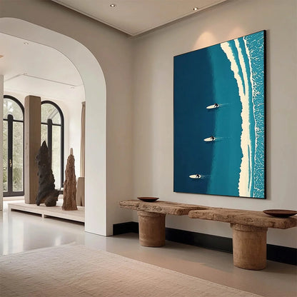 OCEAN'S THREE: Minimalist Aerial Surfing Scene Oil Painting | rolled canvas, ready for custom framing