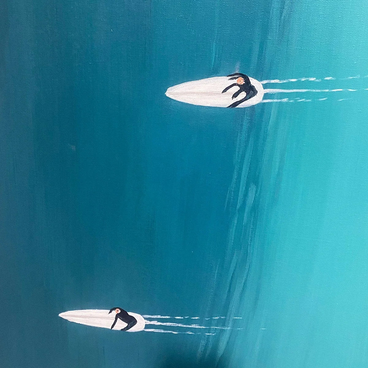 OCEAN'S THREE: Minimalist Aerial Surfing Scene Oil Painting | black frame version on white wall