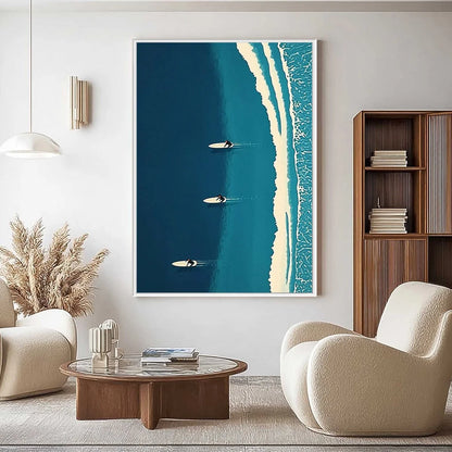 OCEAN'S THREE: Minimalist Aerial Surfing Scene Oil Painting | Minimalist mood, soft natural light studio shot