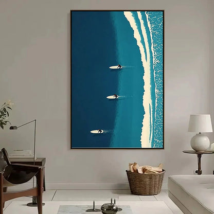 OCEAN'S THREE: Minimalist Aerial Surfing Scene Oil Painting | multi-color palette, original oil on stretched canvas art