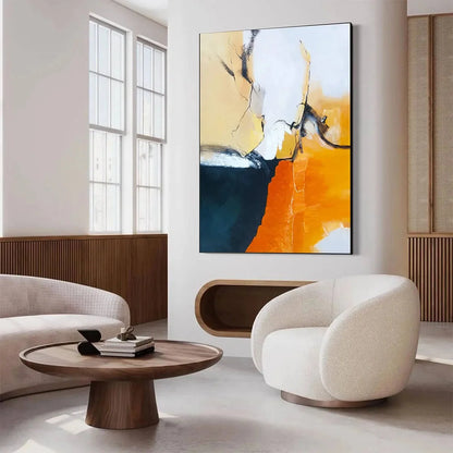 OCHRE FLOW: Abstract Oil Painting on Canvas | gold frame stretched on neutral wall