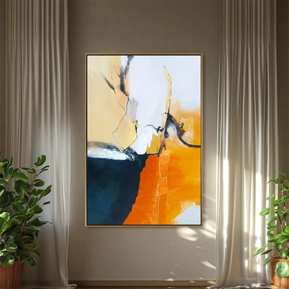 OCHRE FLOW: Abstract Oil Painting on Canvas | black frame version on white wall