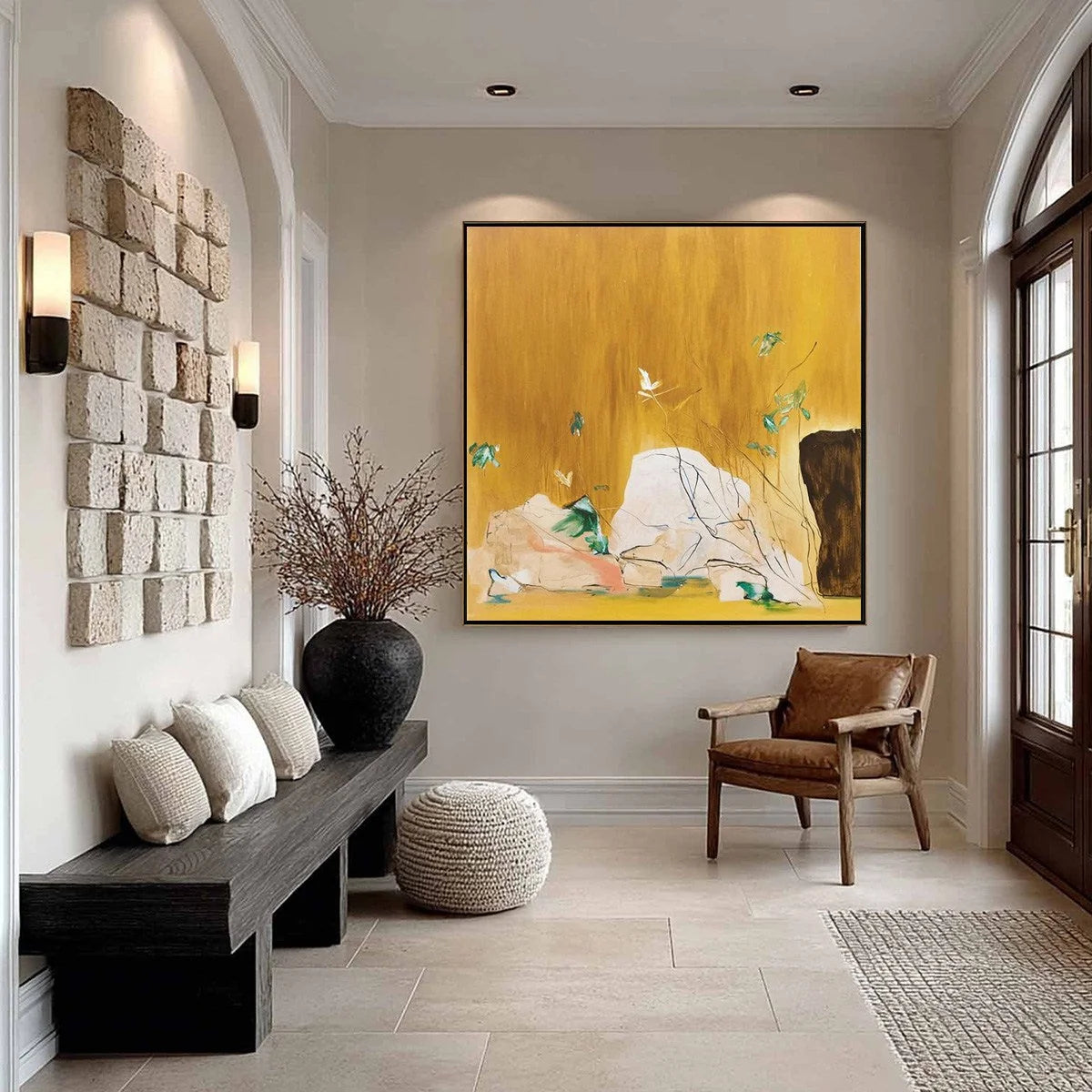 OCHRE SANCTUARY: Wabi-Sabi Abstract Painting with Earthy Tones | gold frame stretched on neutral wall