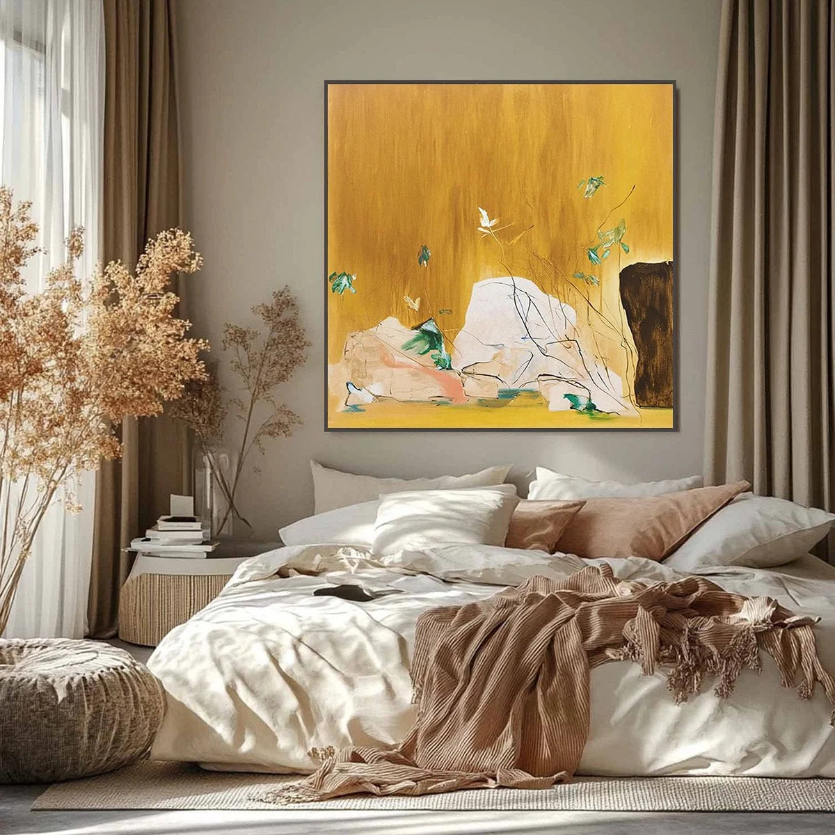 OCHRE SANCTUARY: Wabi-Sabi Abstract Painting with Earthy Tones | black frame version on white wall