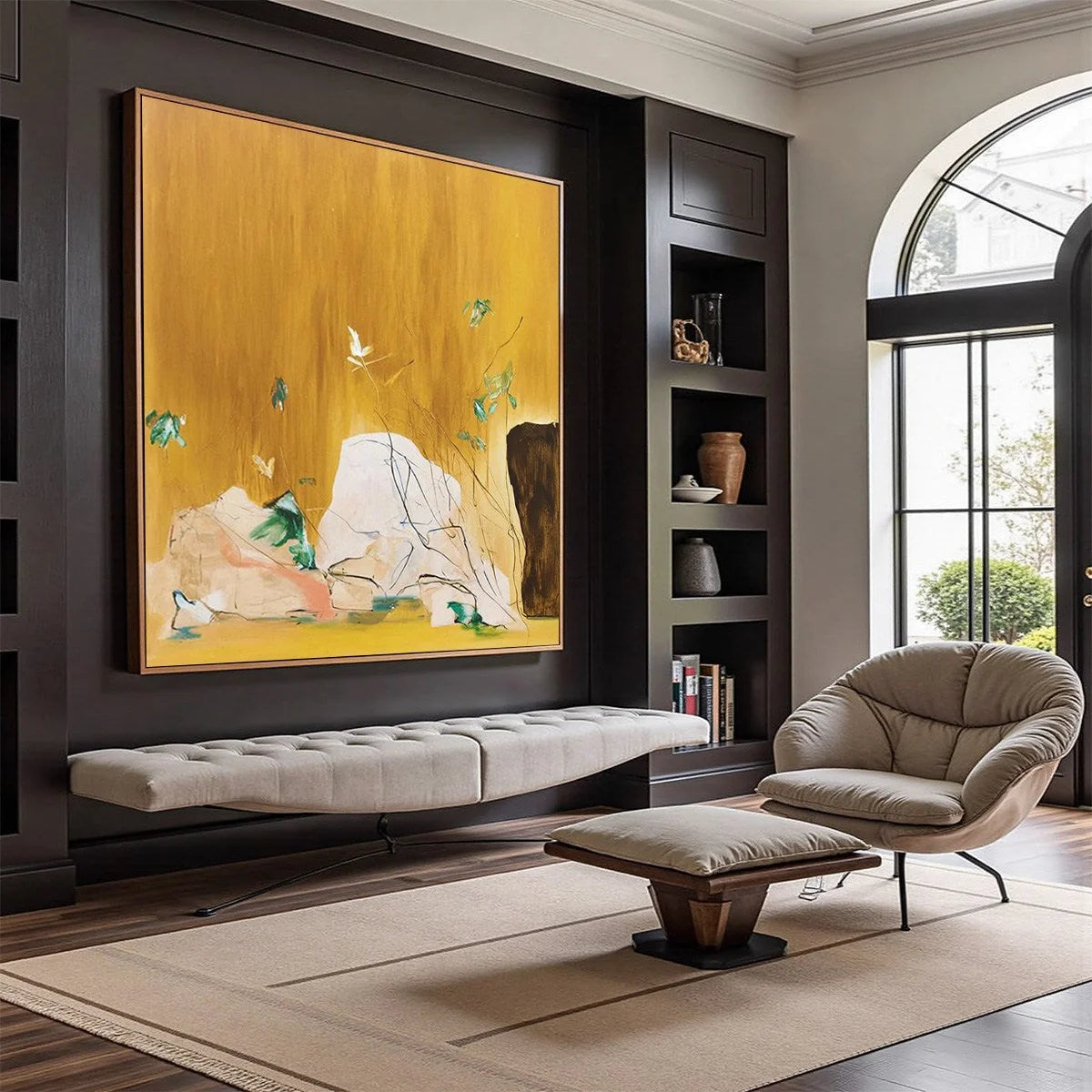 OCHRE SANCTUARY: Wabi-Sabi Abstract Painting with Earthy Tones | Abstract mood, soft natural light studio shot