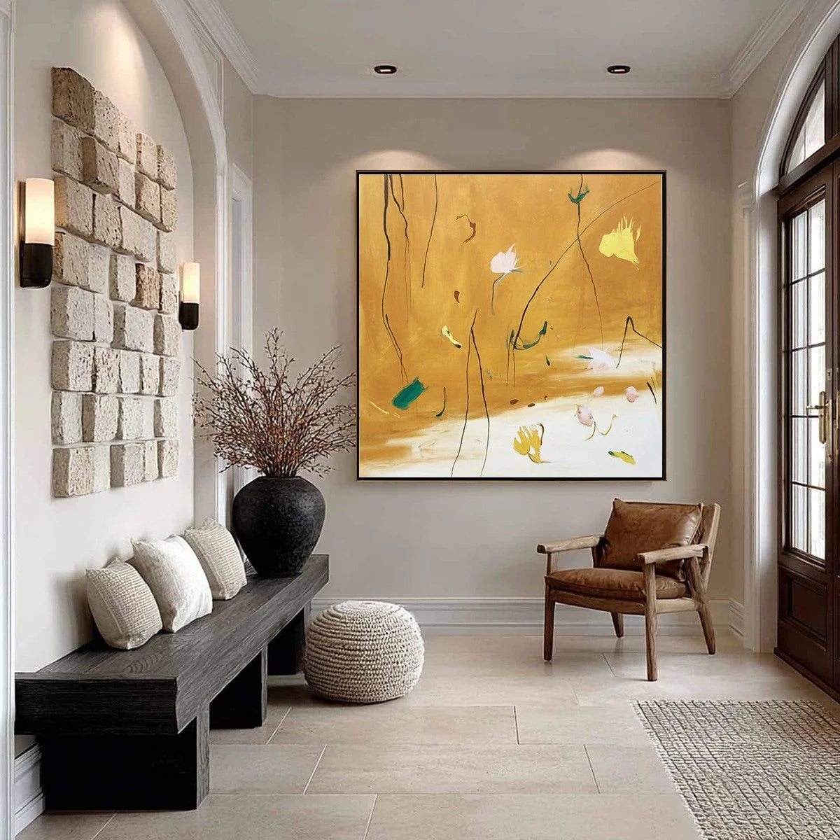 OCHRE WHISPERS: Wabi Sabi Inspired Abstract Floral Painting | gold frame stretched on neutral wall