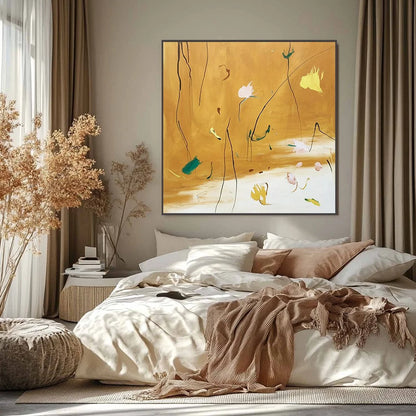OCHRE WHISPERS: Wabi Sabi Inspired Abstract Floral Painting | black frame version on white wall