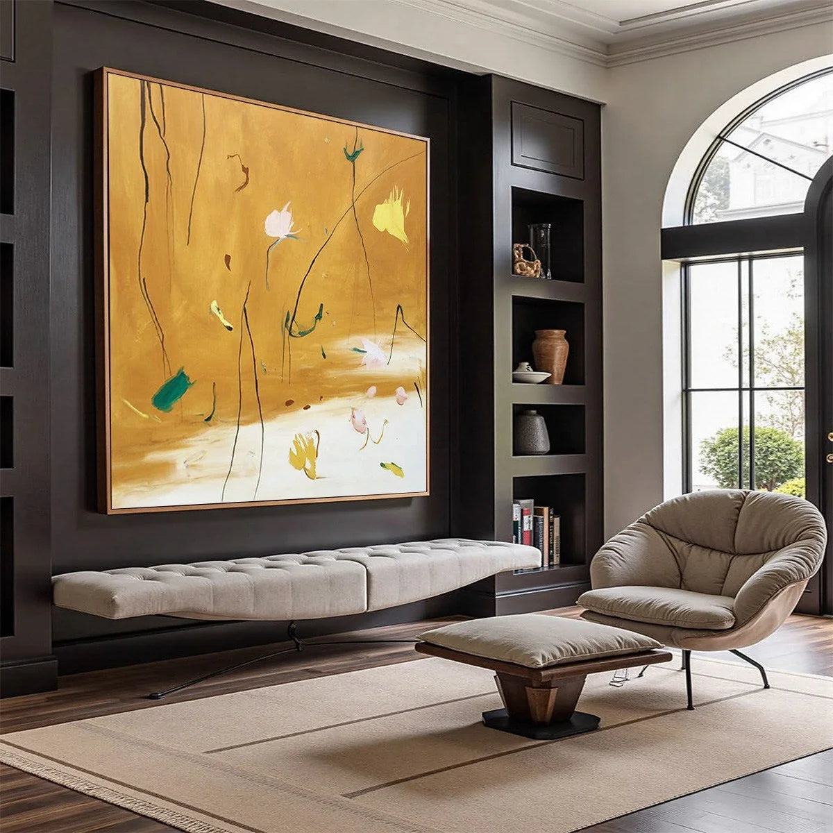 OCHRE WHISPERS: Wabi Sabi Inspired Abstract Floral Painting | Abstract mood, soft natural light studio shot