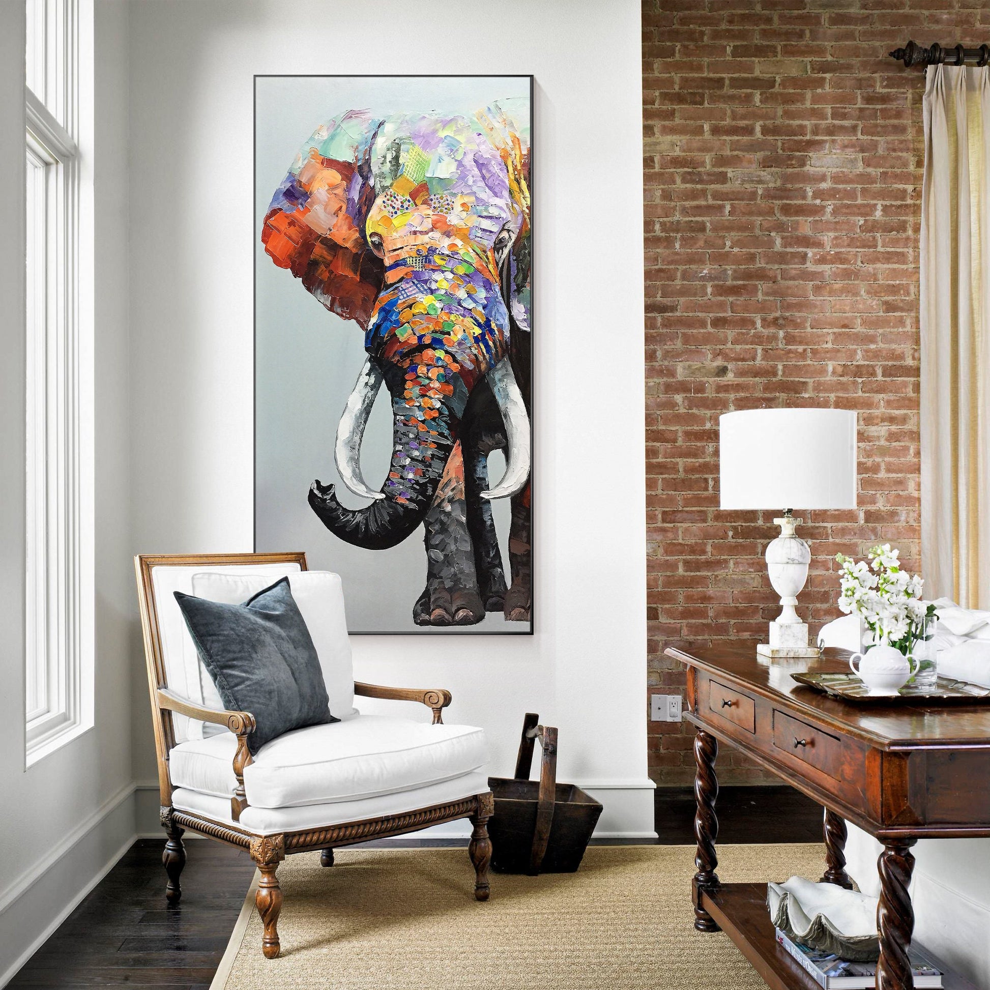 Olifant schilderij op doek, kunst aan de muur olifant, lange verticale extra gro #14