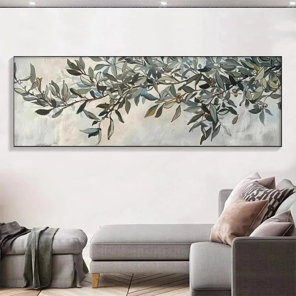 OLIVE BRANCH PANORAMIC: Botanical Painting, Panoramic Wall Art | Abstract closeup, raised brushwork detail