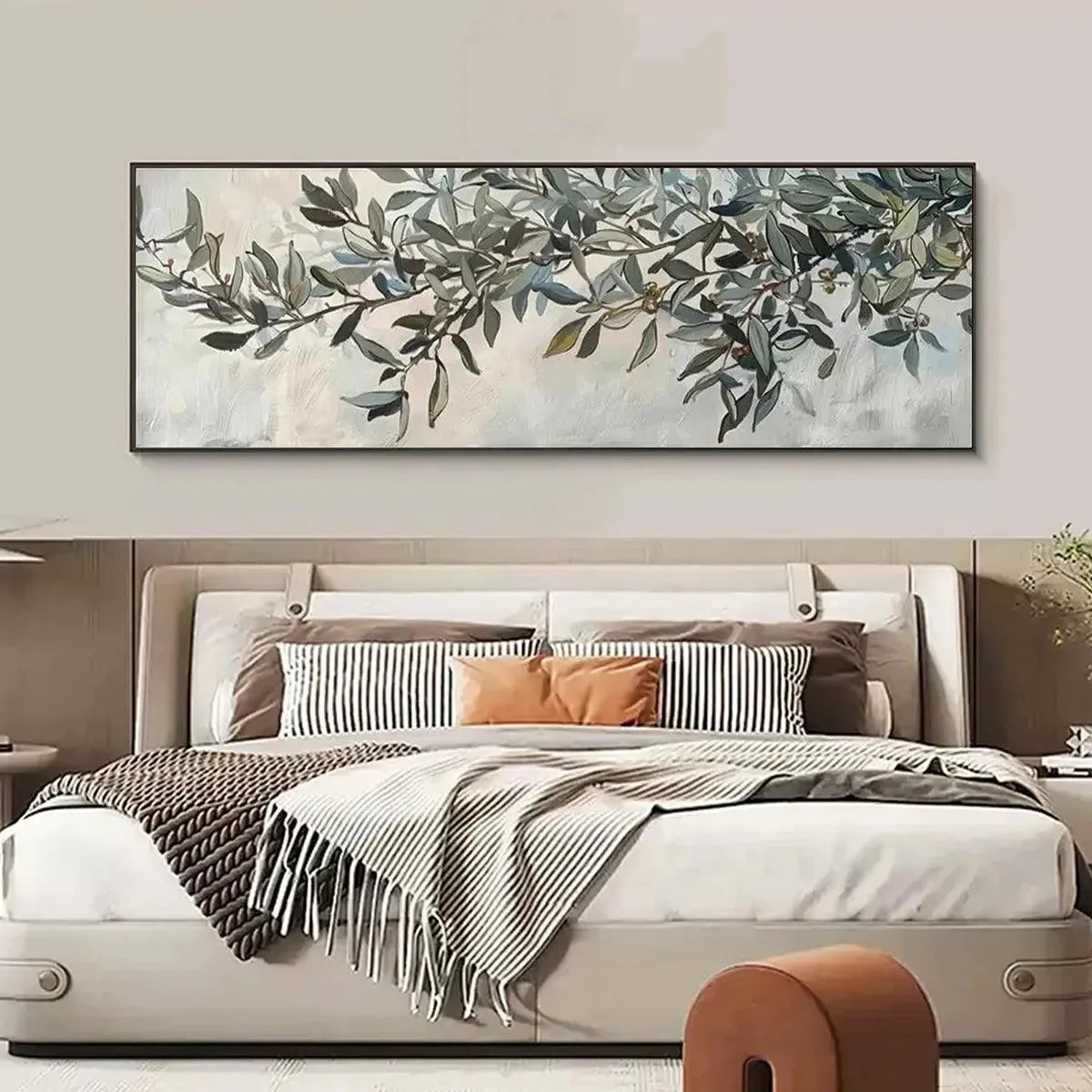 OLIVE BRANCH PANORAMIC: Botanical Painting, Panoramic Wall Art | texture detail, palette knife marks visible