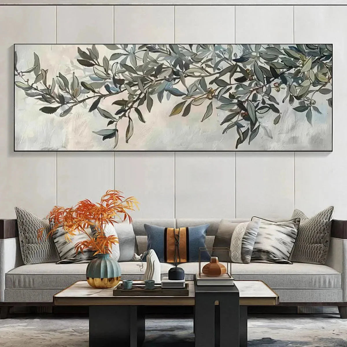 OLIVE BRANCH PANORAMIC: Botanical Painting, Panoramic Wall Art | texture detail, palette knife marks visible