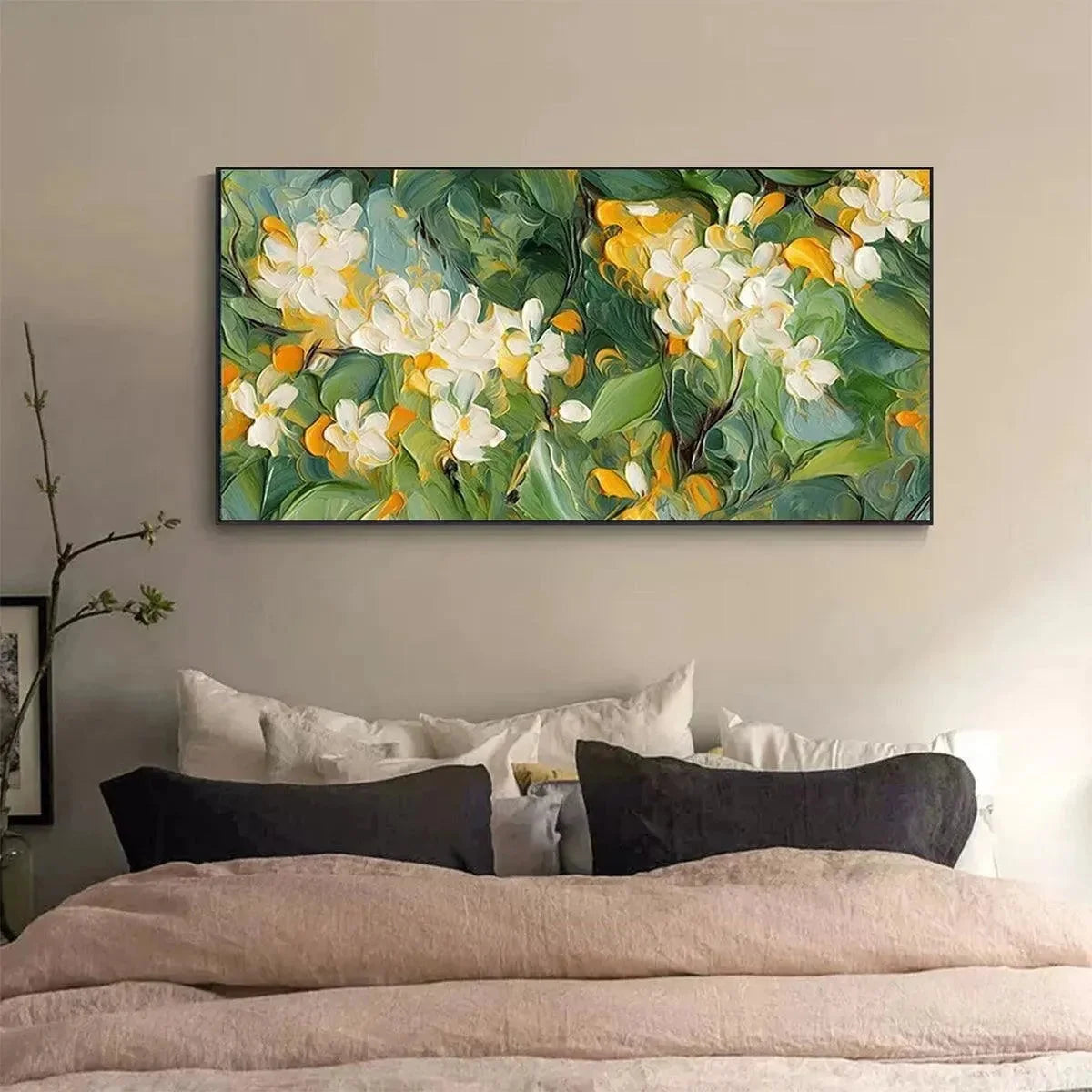 ORANGE BLOSSOM: Textured Floral Painting, White Flowers Wall Art, Panoramic Canvas, Impressionist Decor | Impressionist closeup, raised brushwork detail