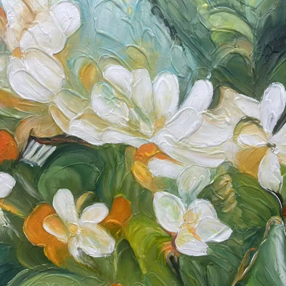 ORANGE BLOSSOM: Textured Floral Painting, White Flowers Wall Art, Panoramic Canvas, Impressionist Decor | rectangular format, hand-painted canvas edge