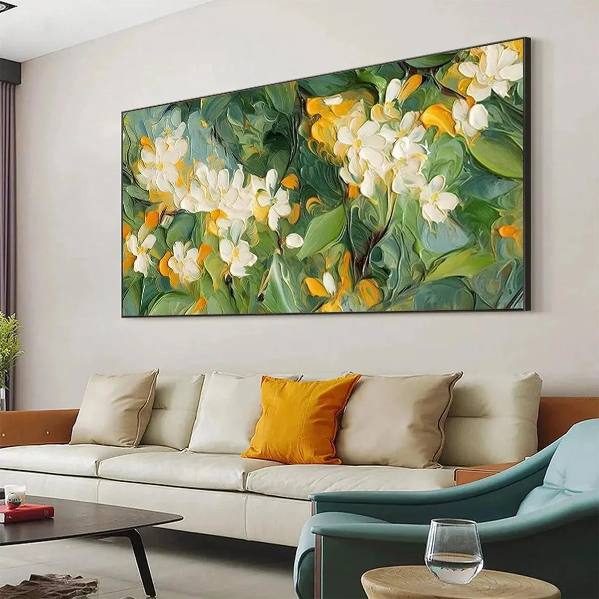 ORANGE BLOSSOM: Textured Floral Painting, White Flowers Wall Art, Panoramic Canvas, Impressionist Decor | gold frame stretched on neutral wall