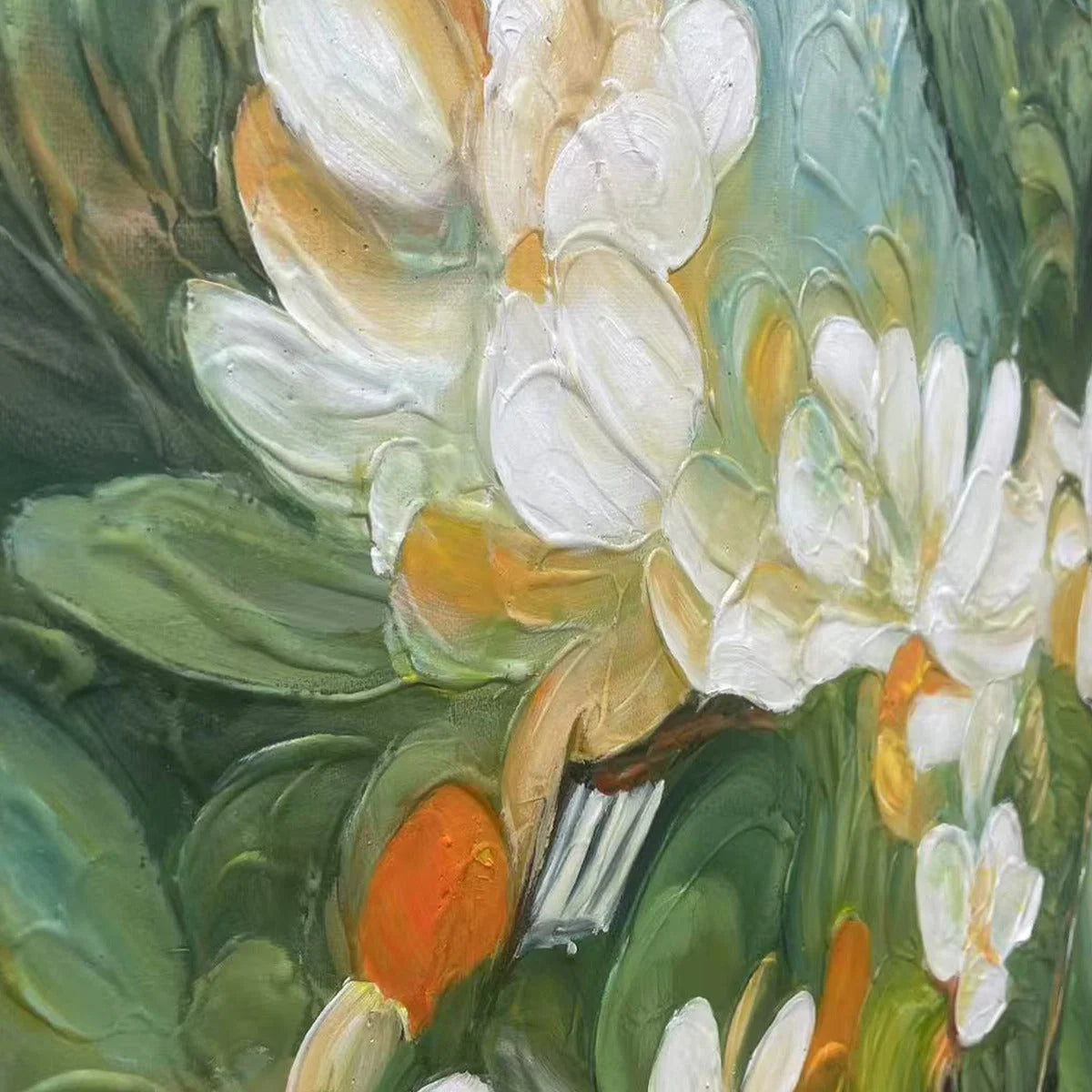 ORANGE BLOSSOM: Textured Floral Painting, White Flowers Wall Art, Panoramic Canvas, Impressionist Decor | rolled canvas, ready for custom framing