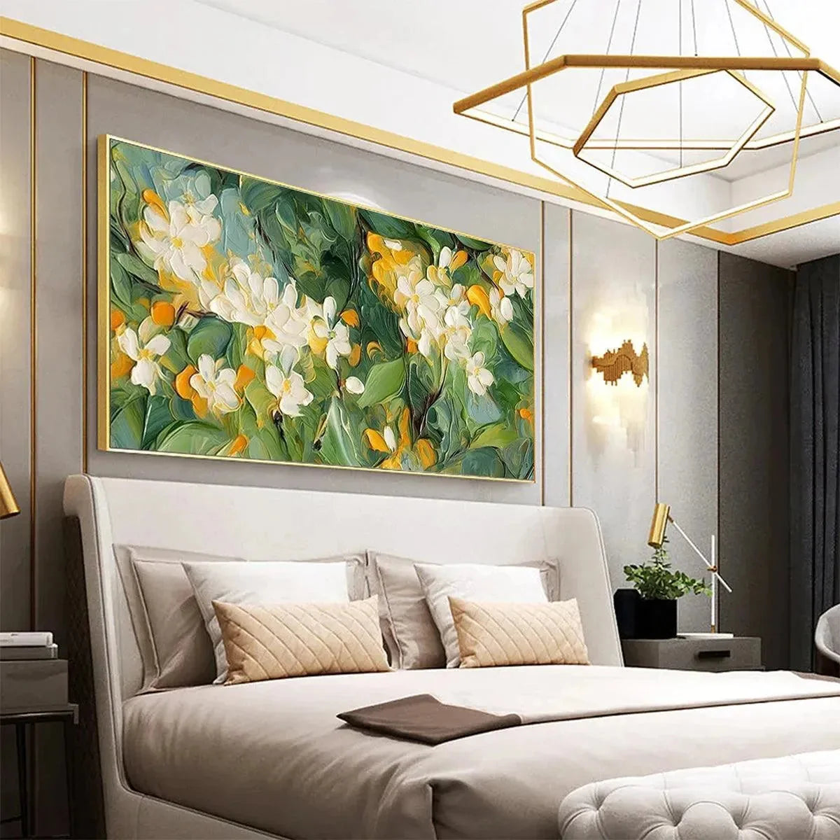 ORANGE BLOSSOM: Textured Floral Painting, White Flowers Wall Art, Panoramic Canvas, Impressionist Decor | black frame version on white wall