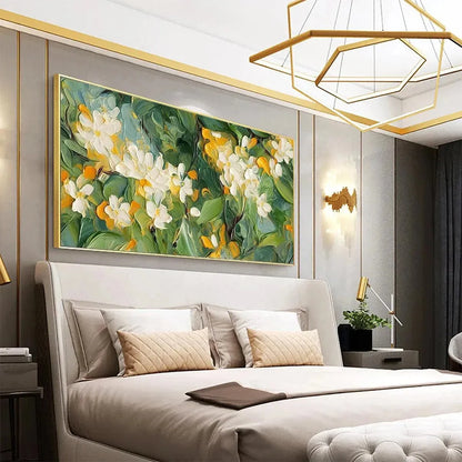 ORANGE BLOSSOM: Textured Floral Painting, White Flowers Wall Art, Panoramic Canvas, Impressionist Decor | black frame version on white wall