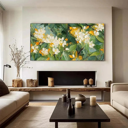 ORANGE BLOSSOM: Textured Floral Painting, White Flowers Wall Art, Panoramic Canvas, Impressionist Decor | Impressionist mood, soft natural light studio shot