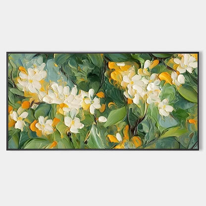 ORANGE BLOSSOM: Textured Floral Painting, White Flowers Wall Art, Panoramic Canvas, Impressionist Decor | hanging in living room, Impressionist wall art