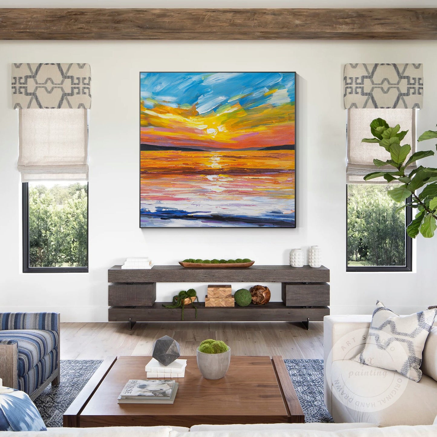 Orange Blue Sunrise Painting: Original Abstract Seascape, Framed Wall Art #2