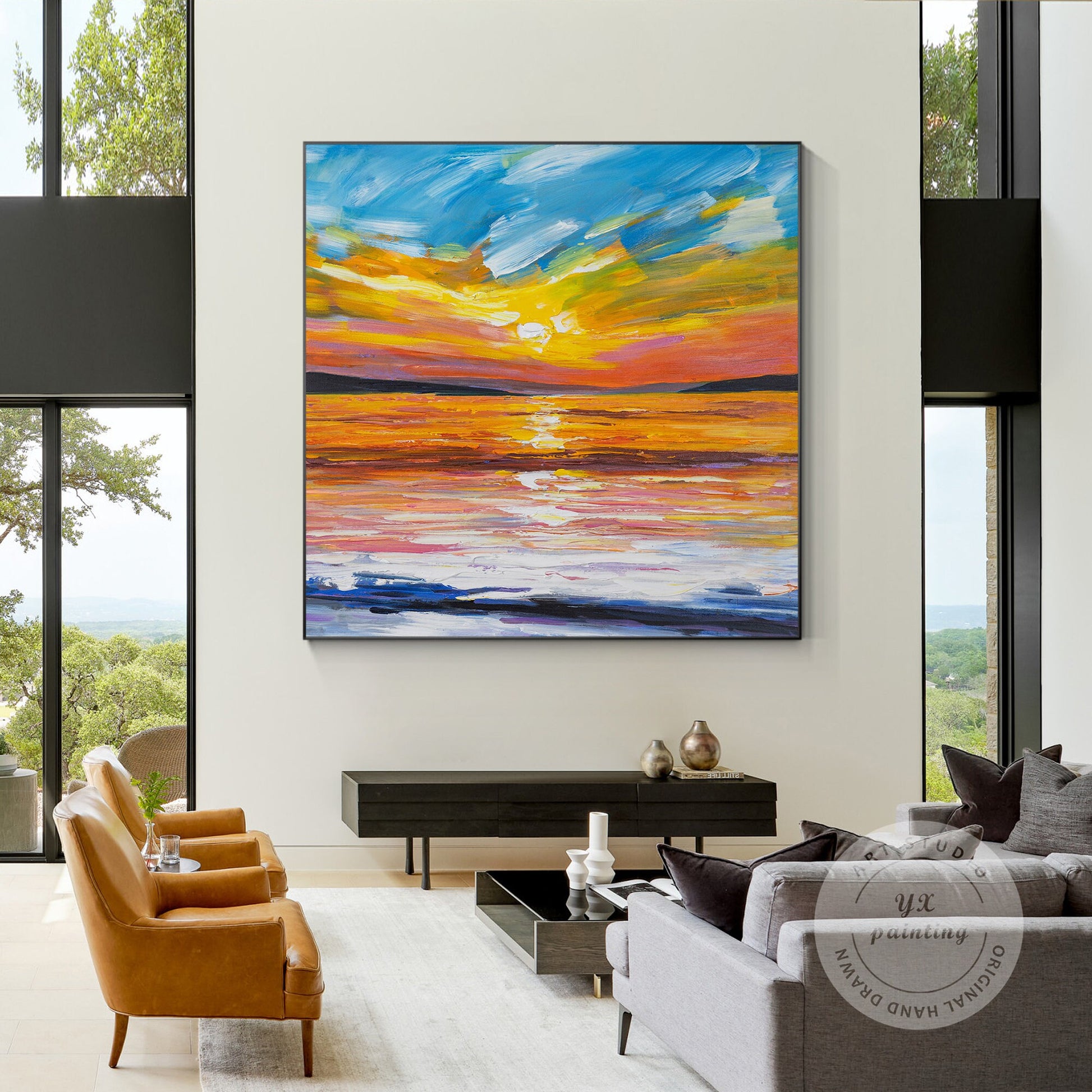 Orange Blue Sunrise Painting: Original Abstract Seascape, Framed Wall Art #4