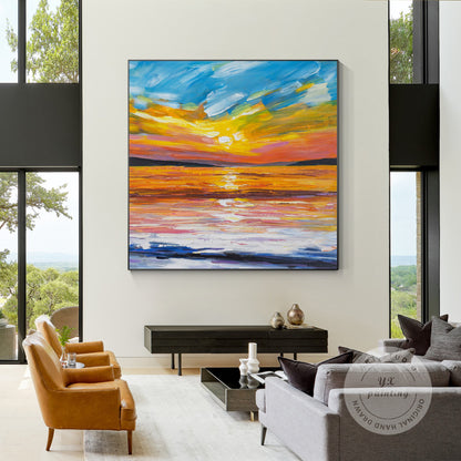 Orange Blue Sunrise Painting: Original Abstract Seascape, Framed Wall Art #4